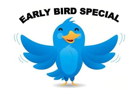 A cartoon image of a bird coloured blue with the words early bird special in an arc above the image